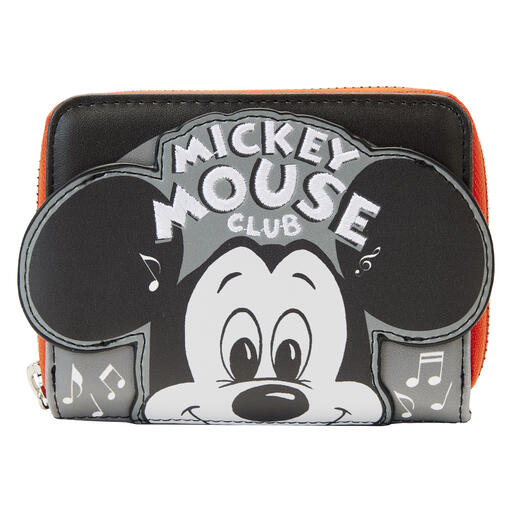 Zip around wallet featuring the title card of the Mickey Mouse Club TV show. The back shows Mickey Mouse outside of his clubhouse beating on his drum. Everything is in grayscale with pops of red.